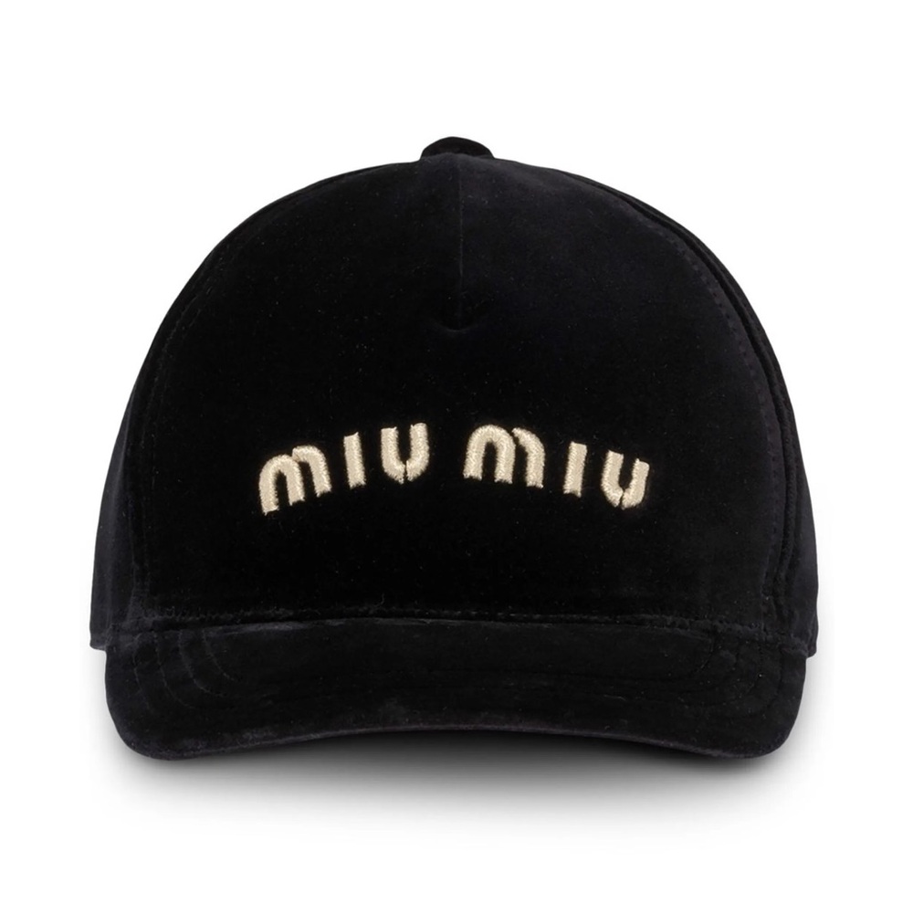 Miu Miu Black Velvet Baseball Cap with Cream Logo
